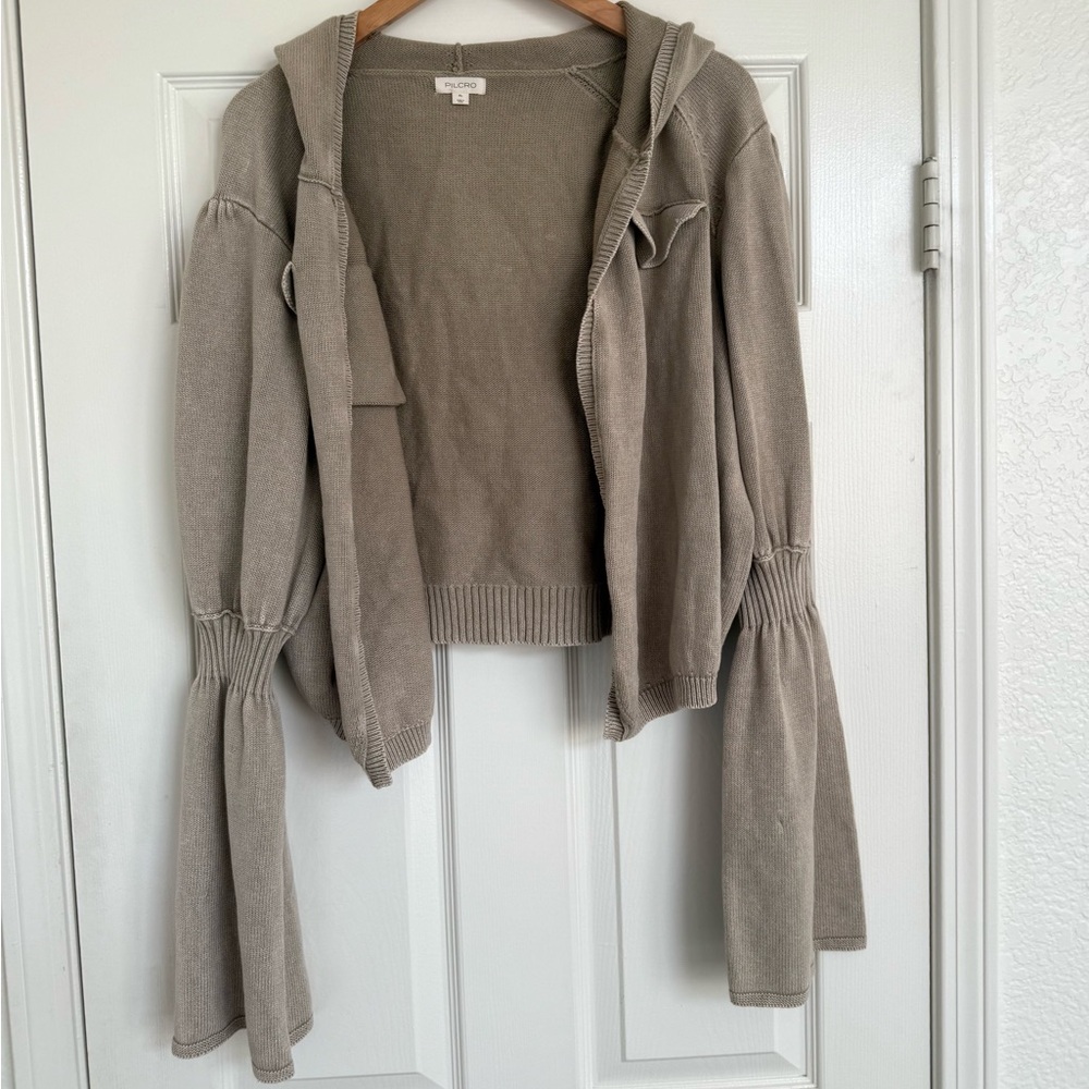 Anthropologie Pilcro Bell Sleeve Open Front Hood Sweater Band Sleeve Tan XL - Picture 8 of 10